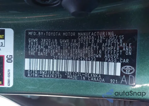 2015 Toyota Corolla Le Plus z USA, uszkodzony, nr VIN 2T1BURHEXFC428433